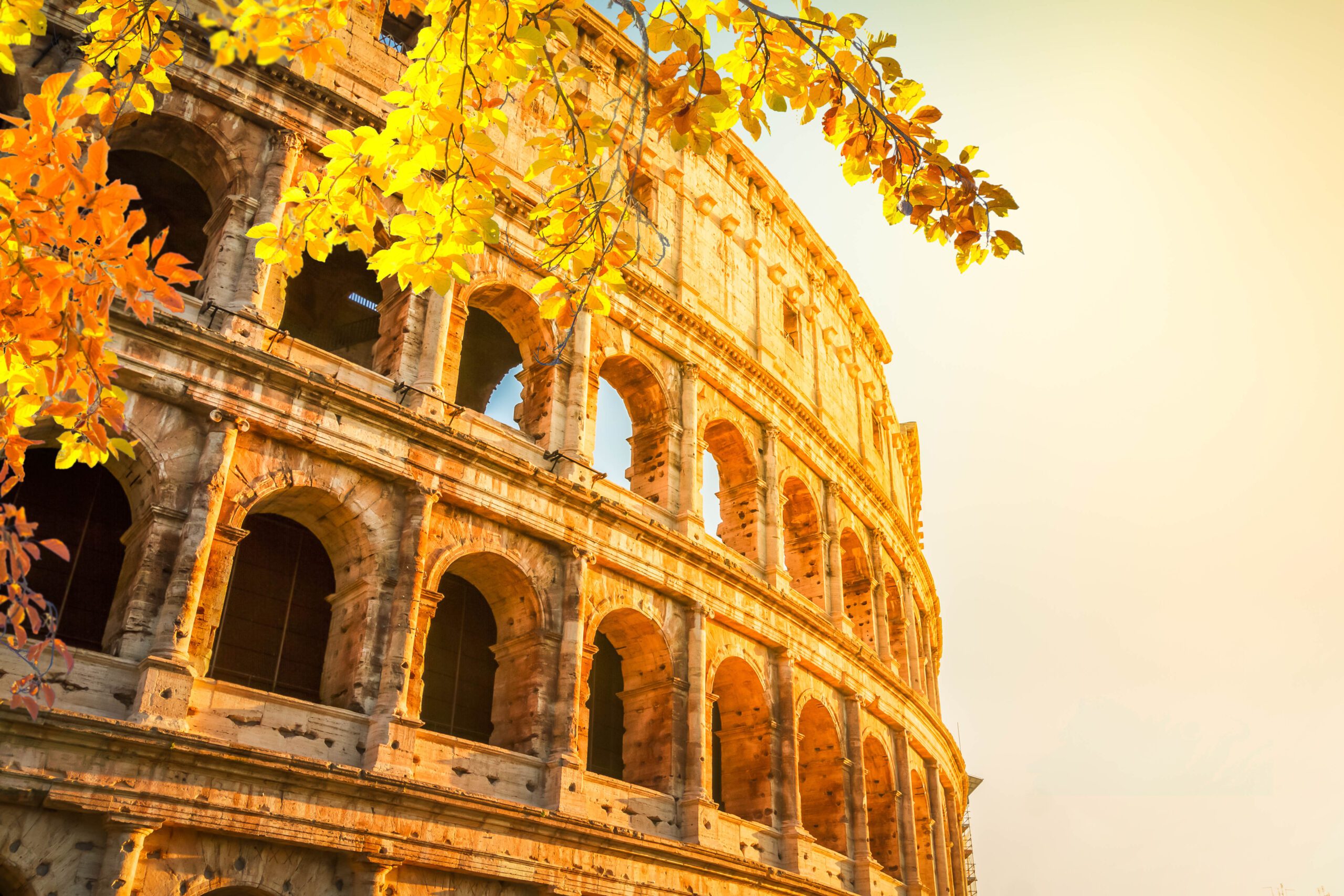 Italy Tours From USA / Ruins of Colosseum at sunrise light in Rome, Italy at fall